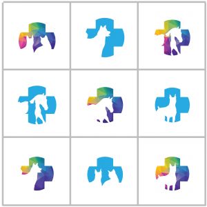 Animal hospital vector logo design, horse, dog in medical cross mark, pet clinic illustration.