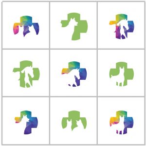 Animal hospital vector logo design, horse, dog in medical cross mark, pet clinic illustration.