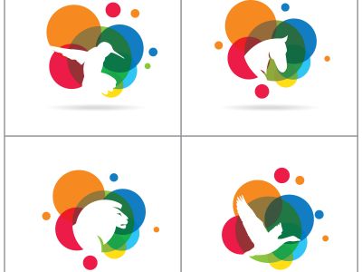 Colorful animals illustration, horse, humming bird, lion vector logo design.