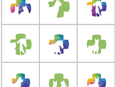 Animal hospital vector logo design, horse, dog in medical cross mark, pet clinic illustration.