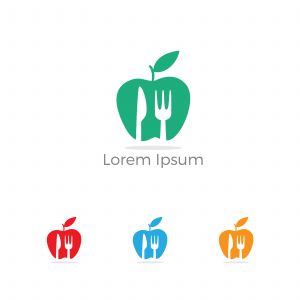 Low poly Restaurant Logo, baby food, health care and organic Food Industry, takeaway vector icon, spoons in apple baking. herbal diet food heart illustration.