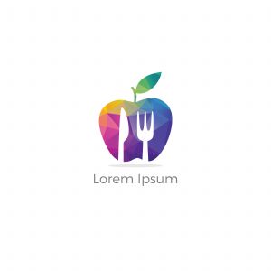 Low poly Restaurant Logo, baby food, health care and organic Food Industry, takeaway vector icon, spoons in apple baking. herbal diet food heart illustration.