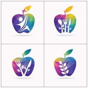 Low poly Restaurant Logo, baby food, health care and organic Food Industry, takeaway vector icon, spoons in apple baking. herbal diet food heart illustration.