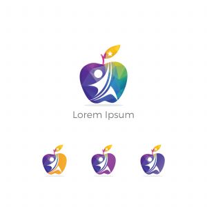 Low poly Restaurant Logo, baby food, health care and organic Food Industry, takeaway vector icon, spoons in apple baking. herbal diet food heart illustration.