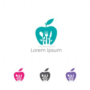 Low poly Restaurant Logo, baby food, health care and organic Food Industry, takeaway vector icon, spoons in apple baking. herbal diet food heart illustration.