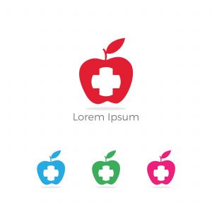 Low poly Restaurant Logo, baby food, health care and organic Food Industry, takeaway vector icon, spoons in apple baking. herbal diet food heart illustration.