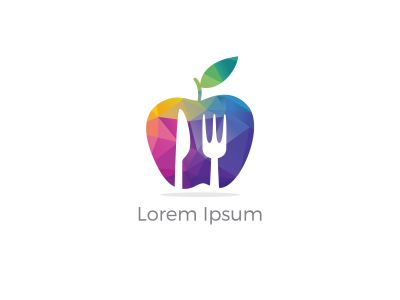 Low poly Restaurant Logo, baby food, health care and organic Food Industry, takeaway vector icon, spoons in apple baking. herbal diet food heart illustration.