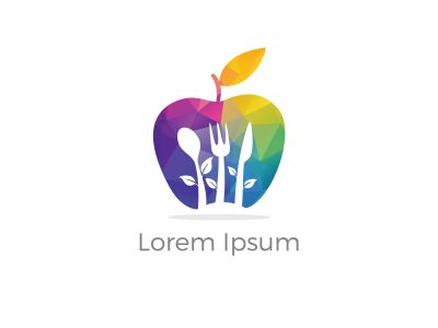 Low poly Restaurant Logo, baby food, health care and organic Food Industry, takeaway vector icon, spoons in apple baking. herbal diet food heart illustration.