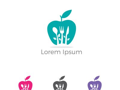 Low poly Restaurant Logo, baby food, health care and organic Food Industry, takeaway vector icon, spoons in apple baking. herbal diet food heart illustration.