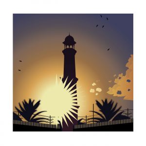 Lighthouse in sunset illustration with birds. Vector illustration.