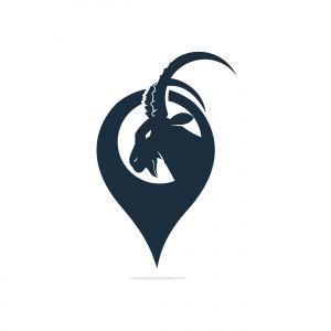 Goat vector logo with gps pointer design. Goat and GPS vector logo design template.	
