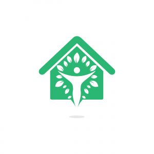 Human character with leaves and house logo design. Natural home care logo. Spa logo. Beauty salon or yoga logo.	
