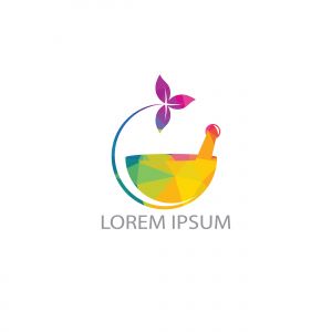 Pharmacy medical logo design. Natural mortar and pestle logotype, medicine herbal illustration symbol icon vector design.	