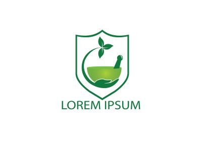 Pharmacy medical logo design. Natural mortar and pestle logotype, medicine herbal illustration symbol icon vector design.	