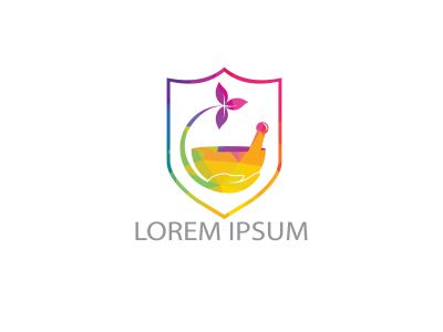 Pharmacy medical logo design. Natural mortar and pestle logotype, medicine herbal illustration symbol icon vector design.	