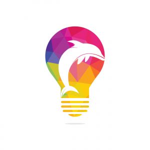 Dolphin and bulb vector logo design. Dolphin and bulb lamp icon simple sign. Creative fishing business idea concept.	