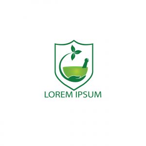 Pharmacy medical logo design. Natural mortar and pestle logotype, medicine herbal illustration symbol icon vector design.