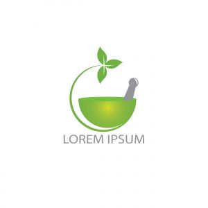 Pharmacy medical logo design. Natural mortar and pestle logotype, medicine herbal illustration symbol icon vector design.