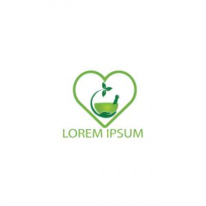 Heart shape pharmacy medical logo design. Natural mortar and pestle logotype, medicine herbal illustration symbol icon vector design.