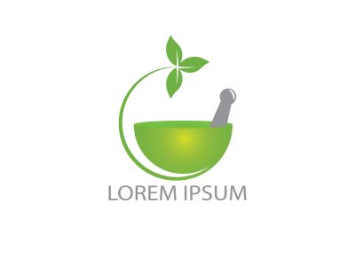 Pharmacy medical logo design. Natural mortar and pestle logotype, medicine herbal illustration symbol icon vector design.