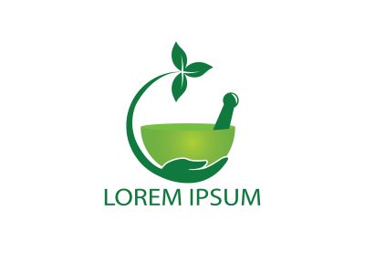 Pharmacy medical logo design. Natural mortar and pestle logotype, medicine herbal illustration symbol icon vector design.