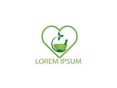 Heart shape pharmacy medical logo design. Natural mortar and pestle logotype, medicine herbal illustration symbol icon vector design.