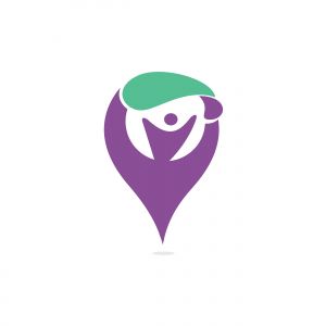 Skydiver with Parachute vector logo with gps pointer design. Parachute and gps icon logotype. Modern skydiver with parachute icon.	