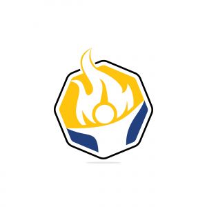 Fireman vector logo design.Red flame character logotype. Vector logo combination of a man and fire.	