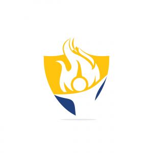 Fireman vector logo design.Red flame character logotype. Vector logo combination of a man and fire.	