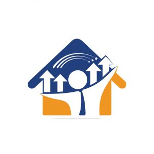 Businessman and graph house shape logo design. People logo icon. Business logo sign. Human character logo sign.	