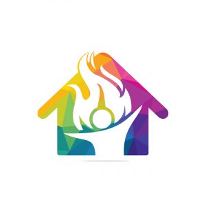 Fireman and home vector logo design.Red flame character logotype. Vector logo combination of a man and fire.	
