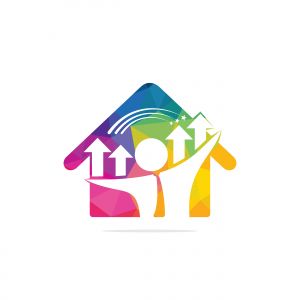 Businessman and graph house shape logo design. People logo icon. Business logo sign. Human character logo sign.	