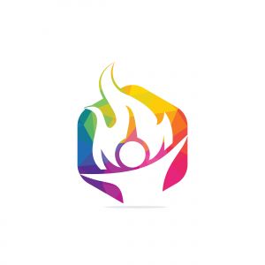 Fireman vector logo design.Red flame character logotype. Vector logo combination of a man and fire.	