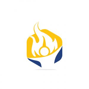 Fireman vector logo design.Red flame character logotype. Vector logo combination of a man and fire.	