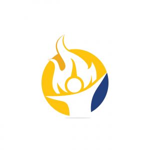 Fireman vector logo design.Red flame character logotype. Vector logo combination of a man and fire.	