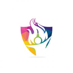 Fireman vector logo design.Red flame character logotype. Vector logo combination of a man and fire.	