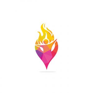 Fireman and gps icon vector logo design. Red flame character logotype. Vector logo combination of a man and fire.	