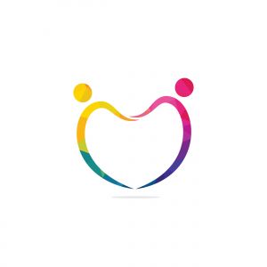 Love heart couple logo design. Vector represents romantic relationship, lover pair, couple in love, jumping in joy, happy people.	