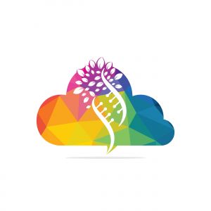 Dna tree and cloud shape vector logo design. DNA genetic and cloud icon. DNA with green leaves vector logo design.	