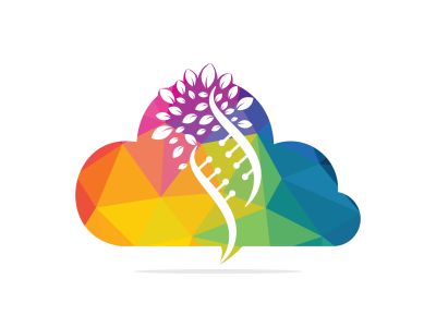 Dna tree and cloud shape vector logo design. DNA genetic and cloud icon. DNA with green leaves vector logo design.	