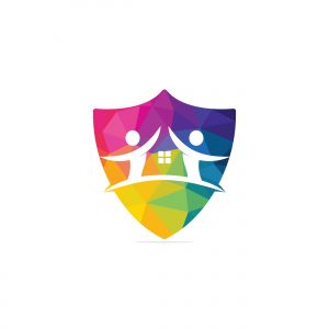House and people logo design. House and joyful people vector logo template.	