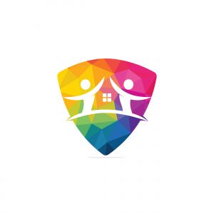 House and people logo design. House and joyful people vector logo template.	