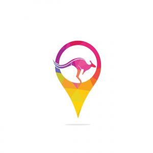 Kangaroo vector logo with gps pointer design. Kangaroo and GPS vector logo design template.	
