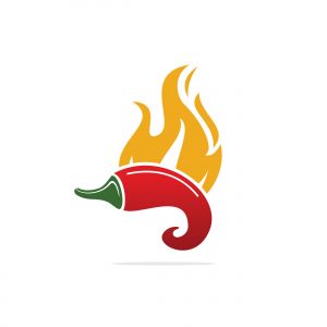 Chili hot and spicy food vector logo design inspiration. Chili pepper logo. Hot chili with fire flame.	