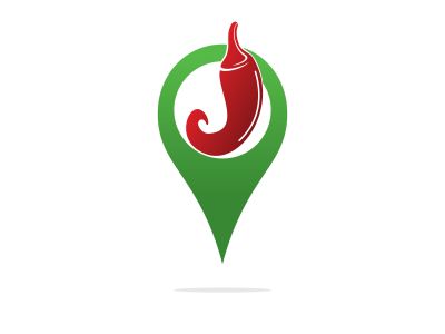 Chili and map pointer logo design. Hot food and GPS locator symbol or icon.	