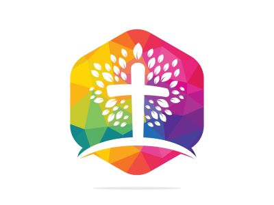 Tree religious cross symbol icon vector design. Prayer tree vector logo design template.	