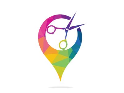 Point Barbershop Logo Template. Gps and Scissors icon vector design.	