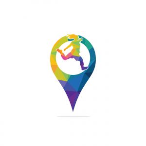 Women football club vector logo design. Women football player and gps pointer icon vector design.	