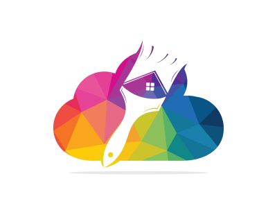 Home restoration vector logo design. Property maintenance and house renovation icon vector. Home paint brush and cloud icon.	