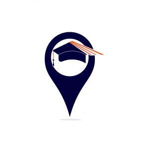 Graduation cap and gps point icon logo. Location Icon for University. Vector logo or icon design element for companies.	